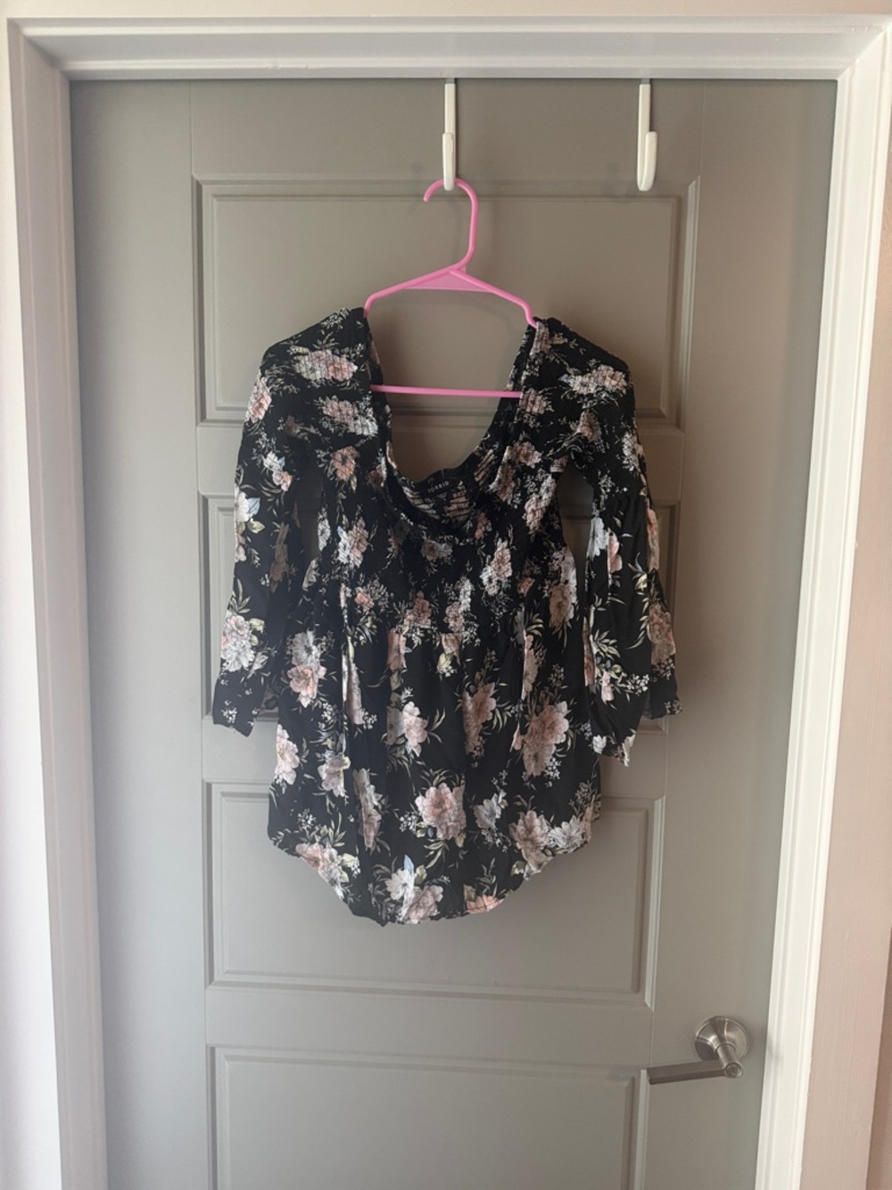 Floral Peasant Blouse - Black with Pink Floral